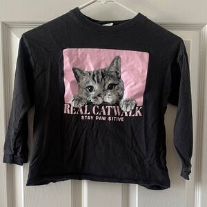 Zara Real Catwalk Stay Paw-Sitive Black and Pink Cat Long Sleeve Tee